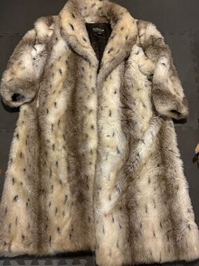 Faux Fur Trench Coat in Cream and Brown